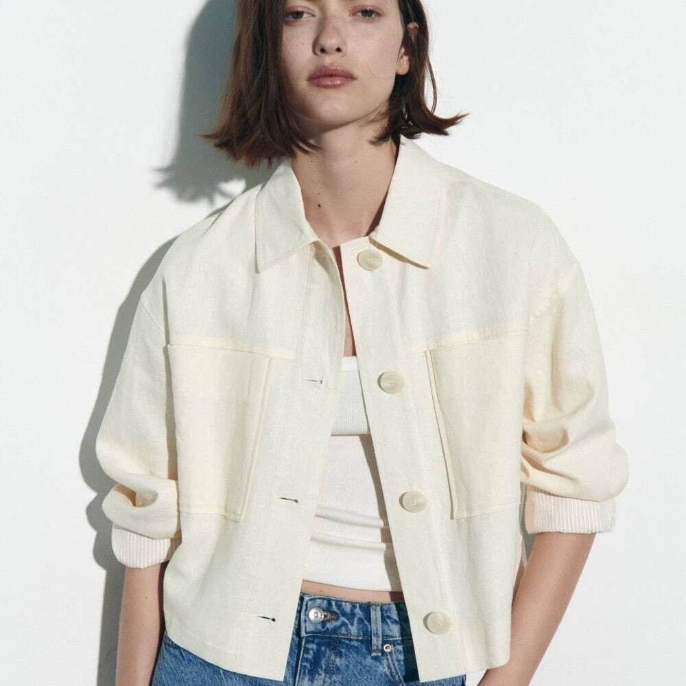 Zara Cropped Linen Jacket Womens Small Cream Pocket Button Topper Lagenlook